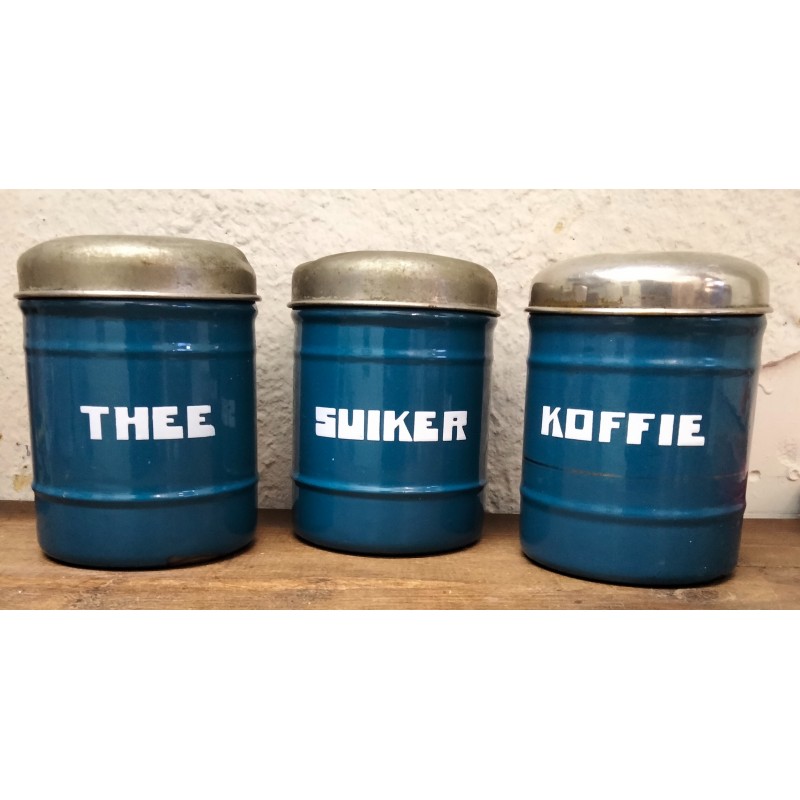 Set emaille blikken koffie, thee en suiker